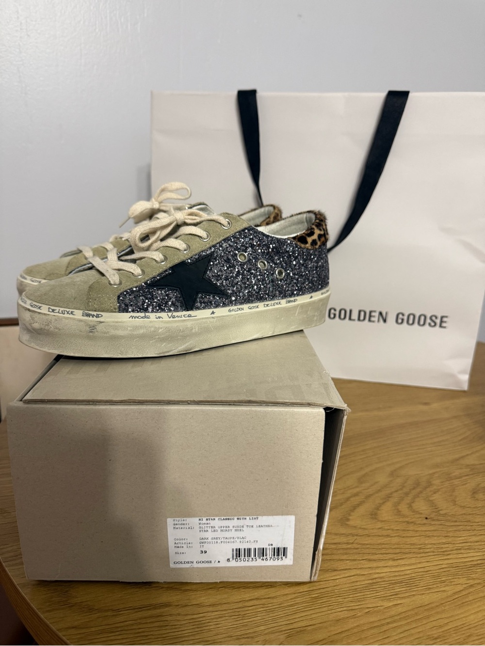 Golden Goose Glitter Low-Top Sneaker with Leopard Heel and Black Star
